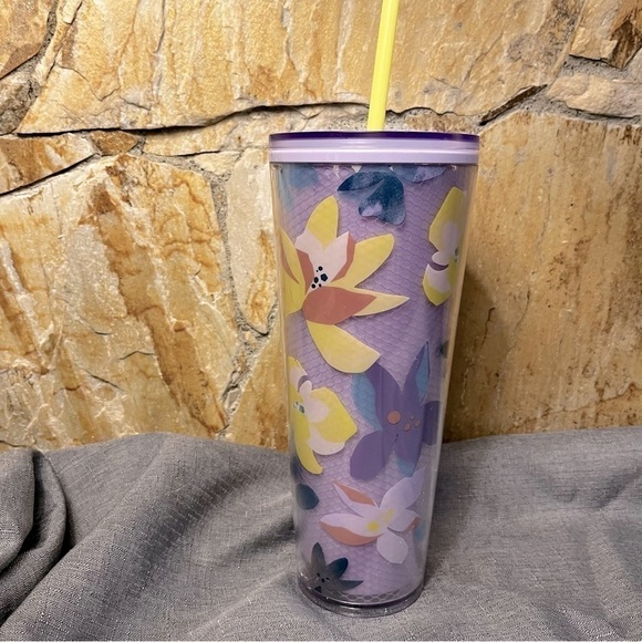 Starbucks Magnolia Floral Purple Tumbler Cup with Yellow Straw (24 oz) - Picture 7 of 11